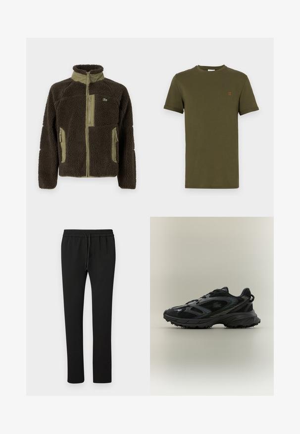 Veste en polaire brun foncé avec un col haut, accents vert olive, fermeture éclair à l'avant et poches latérales, et une surface texturée et douce.; T-shirt en coton vert olive à manches courtes, col rond, avec un petit détail brodé orange "II" sur la poitrine. Texture lisse, design basique.; Pantalons de jogging noirs avec une taille élastique et un cordon de serrage. Fabriqués en tissu doux, présentant un design de jambe fuselée et des détails minimalistes.; Chaussure de sport noire avec des panneaux en mesh, une semelle texturée, des lacets et une silhouette courbée avec des accents argentés sur les côtés.
