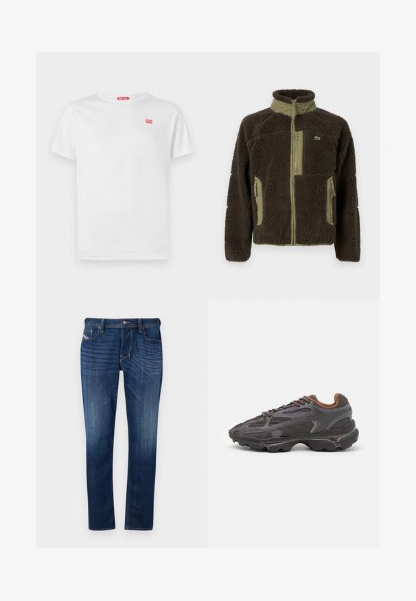 Chaqueta de forro polar marrón oscuro con un alto cuello, detalles en verde aceituna, cierre con cremallera en la parte frontal y bolsillos laterales, y una superficie suave y texturizada.; Camiseta blanca de algodón con mangas cortas y escote en V. Presenta un pequeño logo rojo de Diesel en el lado izquierdo del pecho. Textura suave, ajuste estándar.; Vaqueros de mezclilla de color azul oscuro con corte recto, cuentan con un diseño de cinco bolsillos, costuras visibles y un cierre de botón de metal en la cintura.; Zapatillas Lacoste en gris oscuro con material de malla y sintético, que cuentan con una suela texturizada y detalles en marrón en el cuello y la marca.