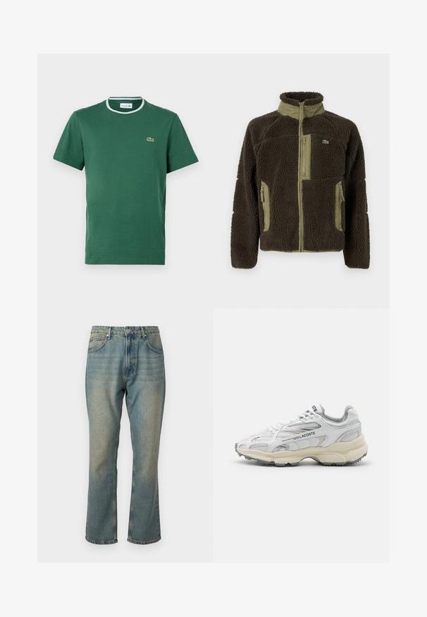Chaqueta de forro polar marrón oscuro con un alto cuello, detalles en verde aceituna, cierre con cremallera en la parte frontal y bolsillos laterales, y una superficie suave y texturizada.; Camiseta de cuello redondo verde de algodón, de manga corta, con un cuello acanalado en blanco y verde en contraste y un pequeño logo bordado.; Vaqueros de denim azul desgastado con pierna recta, cinco bolsillos y cierre de botón. Presenta detalles de lavado más claro sutiles.; Zapatillas deportivas blancas con detalles en gris, parte superior de malla y sintético, diseño de cordones, y suela de goma texturizada con patrones de tracción.