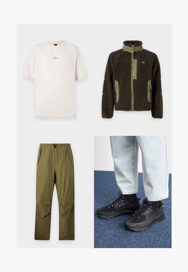 Tmavo hnedá fleece bunda s vysokým golierom, olivovo zelenými akcentmi, predným zipsom a bočnými vreckami, a textúrovaným, mäkkým povrchom.; Oakley RISE TEE - Základné tričko - mist; Zelenohnedé nohavice rovného strihu s elastickým pásom a šnúrkou, s bočnými vreckami a flap vreckom na pravej stehne.; Čierne športové topánky s textúrovanou tkaninou a gumovou podrážkou, so elastickými šnúrkami a modrým akcentom na päte. Nosia sa s svetlými riflami.