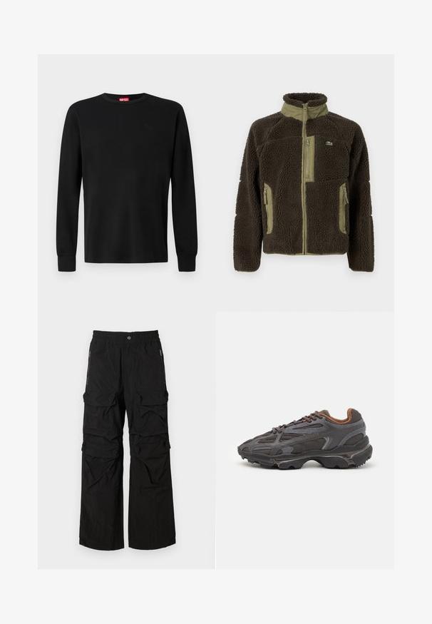 Chaqueta de forro polar marrón oscuro con un alto cuello, detalles en verde aceituna, cierre con cremallera en la parte frontal y bolsillos laterales, y una superficie suave y texturizada.; Camiseta negra de manga larga hecha de una tela suave, con un cuello redondo y un sutil logo negro en el pecho. Diseño liso, corte regular.; Pantalones cargo negros con una cintura elástica, múltiples bolsillos grandes y bolsillos laterales con cremallera. Fabricados con un tejido ligero y texturizado.; Zapatillas Lacoste en gris oscuro con material de malla y sintético, que cuentan con una suela texturizada y detalles en marrón en el cuello y la marca.
