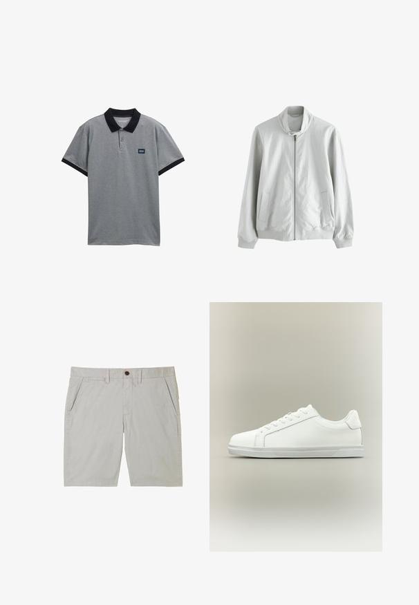Chaqueta de cremallera gris claro hecha de una tela suave, con un cuello alto, interior acanalado, bolsillos laterales y puños elásticos.; Camisa polo gris con cuello y acentos en las mangas en negro. Cuenta con cierre de tres botones y un pequeño parche de logo en el pecho. Tejido de mezcla de algodón.; Pantalones cortos casuales color gris claro con botón frontal, trabillas para cinturón, bolsillos laterales y cremallera en la bragueta, dispuestos planos sobre un fondo blanco.; Zapatilla blanca de caña baja con cordones al frente y suela de goma texturizada sobre un fondo neutro y sencillo.