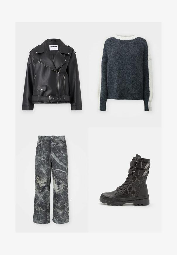 Sort faux læder bikerjakke med sølv lynlåse, bælte i taljen og epauletter. Har krave i bred model og asymmetrisk lynlåslukning foran.; Mørkegrå strikket sweater med en struktureret overflade. Æblefarvede ærmer og krave. Kasseformet, ribbede kanter. Blødt uldblandingsmateriale.; Camo-mønstrede bukser med bredde ben i mørkegrå og grønne nuancer, med en knaplukning og sidelommer. Lavet af struktureret denimstof.; Sorte kampstøvler med en tekstureret overdel, der har et hundetandmønster, to justerbare remme og en robust sål.
