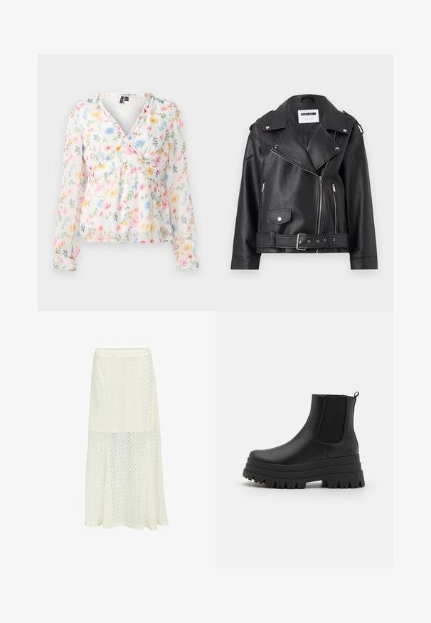 Veste de motard en simili cuir noir avec des zips en argent, taille ceinturée et épaulettes. Présente un large col et une fermeture éclair asymétrique à l'avant.; Blouse fleurie en tissu léger et transparent, ornée de fleurs aux couleurs pastel et de feuilles vertes. Encolure en V, manches longues avec poignets froncés et détails à volants.; Jupe midi crème avec motif en dentelle hexagonal et ourlet festonné, semi-transparent sous le milieu de la cuisse, coupe droite s'évasant légèrement en bas.; Bottes Chelsea noires avec une semelle épaisse, tige en cuir lisse, panneaux latéraux élastiques et une languette pour un enfilage facile.