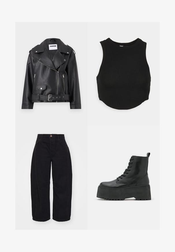 Veste de motard en simili cuir noir avec des zips en argent, taille ceinturée et épaulettes. Présente un large col et une fermeture éclair asymétrique à l'avant.; Top court noir côtelé avec un col haut et sans manches. Texture douce avec une coupe ajustée et un ourlet légèrement courbé.; Free People GOOD LUCK MID RISE BARREL - Jean boyfriend - soundwave; Bottes noires jusqu'à la cheville avec une semelle épaisse en plateau, en cuir lisse, dotées d'un design à lacets et d'une languette à l'arrière.