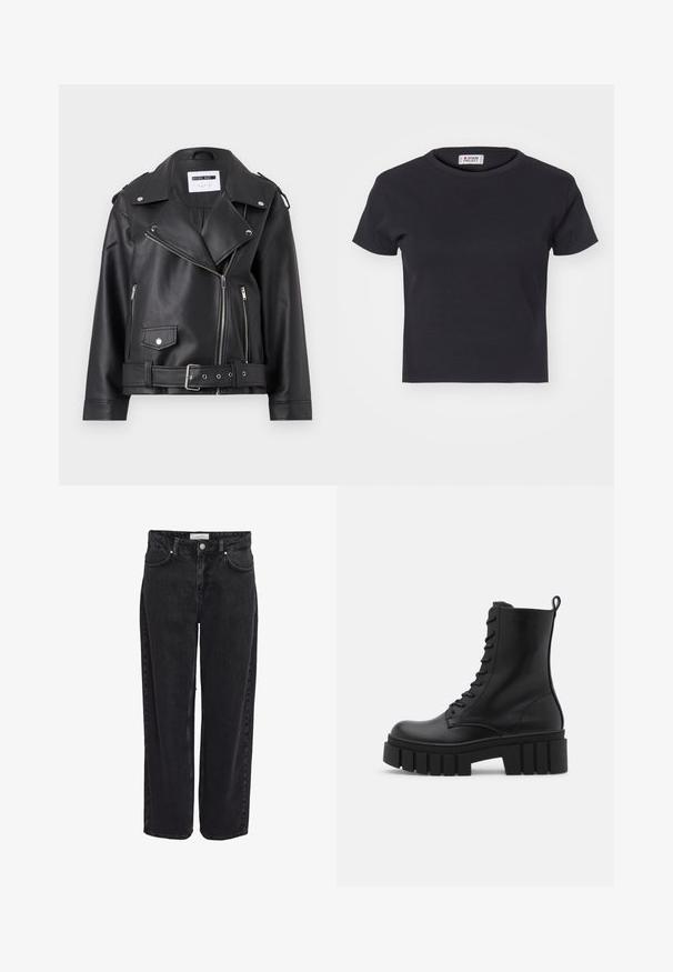 Schwarze Kunstleder-Bikerjacke mit silbernen Reißverschlüssen, Taillengürtel und Schulterklappen. Verfügt über einen breiten Kragen und einen asymmetrischen Frontreißverschluss.; Denim Project DPMDPWRIBBED CROPPED T-SHIRT - T-Shirt basic - black; Schwarze Denim-Jeans mit weitem Bein und hoher Taille, fünf Taschen und Reißverschluss. Glatte Textur mit minimal sichtbaren Nähdetails.; Schwarze Lederknöchelstiefel mit klobiger, gerippter Sohle, Schnürung vorne und Zuglasche auf glattem weißen Hintergrund.