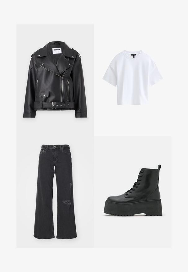 Schwarze Kunstleder-Bikerjacke mit silbernen Reißverschlüssen, Taillengürtel und Schulterklappen. Verfügt über einen breiten Kragen und einen asymmetrischen Frontreißverschluss.; Schlichtes weißes kurzärmeliges Cropped-T-Shirt mit rundem Ausschnitt und schwarzem Markenlabel innen im Kragen.; Schwarze Denim-Jeans mit weitem Bein und abgetragenen Details am unteren rechten Bein. Verfügt über einen klassischen Knopfverschluss und ein Fünf-Taschen-Design.; Schwarze Knöchelstiefel mit einer dicken Plattformsohle, aus glattem Leder gefertigt, mit Schnürdesign und einer Zuglasche hinten.