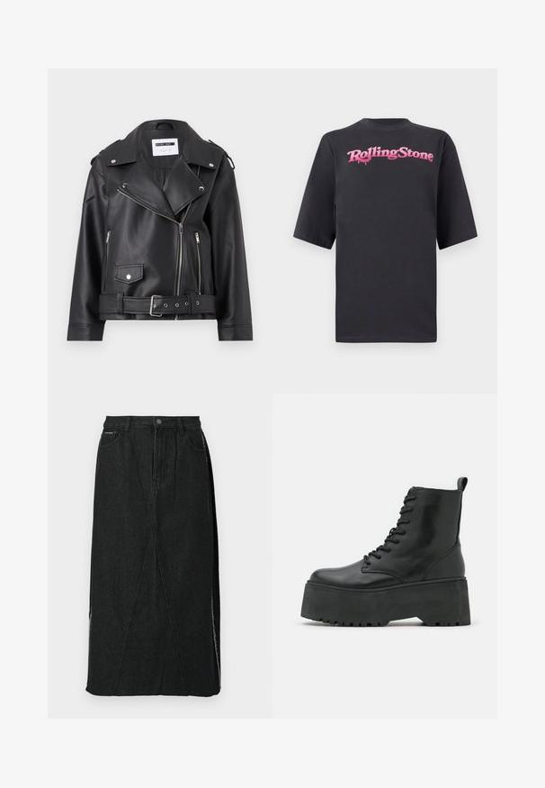 Sort faux læder bikerjakke med sølv lynlåse, bælte i taljen og epauletter. Har krave i bred model og asymmetrisk lynlåslukning foran.; Sort T-shirt med korte ærmer med lyserød stiliseret "Rolling Stone" tekst over brystet på ensfarvet baggrund.; Sort denimnederdel med høj talje, lige snit og unikke skrå sømme. Har sideslids og knaplukning i taljen.; Sorte ankelstøvler med en kraftig platformssål, lavet af glat læder, med snørebåndsdesign og en træktab bagpå.
