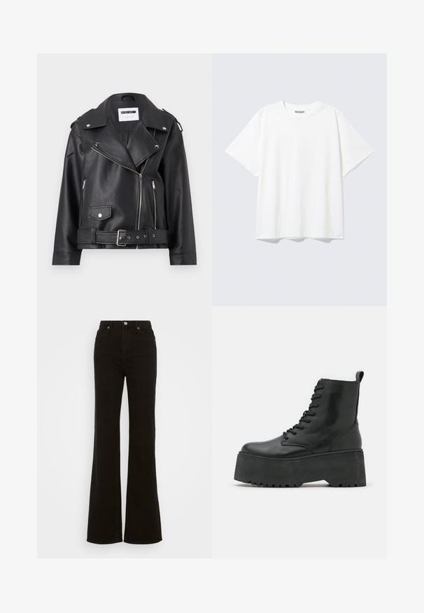 Veste de motard en simili cuir noir avec des zips en argent, taille ceinturée et épaulettes. Présente un large col et une fermeture éclair asymétrique à l'avant.; T-shirt blanc à manches courtes, col rond, coupe décontractée et étiquette "WEEKDAY" à l’intérieur du dos du col.; Jean évasé noir taille haute en denim, avec une fermeture à bouton, des poches latérales et une texture lisse.; Bottes noires jusqu'à la cheville avec une semelle épaisse en plateau, en cuir lisse, dotées d'un design à lacets et d'une languette à l'arrière.