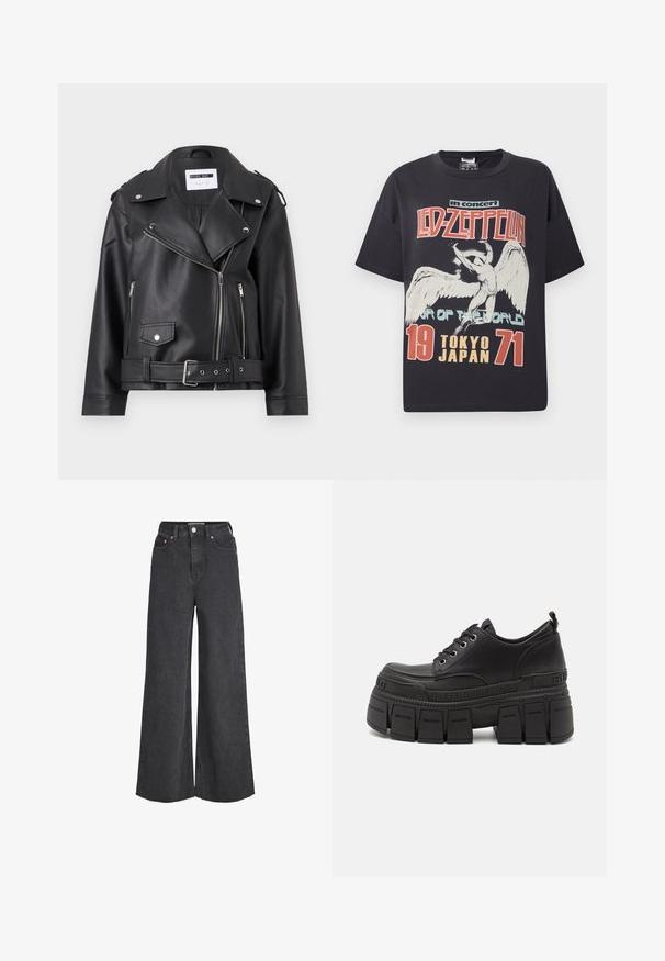 Chaqueta de moto de imitación cuero negra con cremalleras plateadas, cintura ajustable con cinturón y hombreras. Presenta un amplio cuello y un cierre delantero con cremallera asimétrica.; Camiseta de algodón negra con una gran impresión gráfica de un ángel y el texto "Led Zeppelin en concierto Gira del Mundo Tokio Japón 1971."; Vaqueros negros de tiro alto y pierna ancha con cierre frontal de botón y cremallera, bolsillos delanteros y dobladillos deshilachados.; Zapatillas de plataforma negras con parte superior de cuero suave, cierre de cordones, suela de goma gruesa y un detalle de marca en el costado.