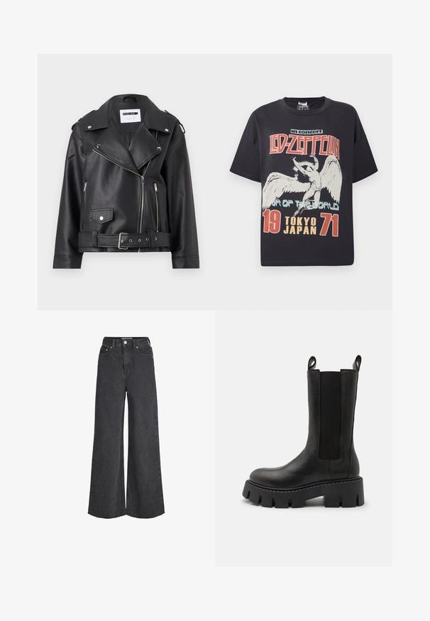 Chaqueta de moto de imitación cuero negra con cremalleras plateadas, cintura ajustable con cinturón y hombreras. Presenta un amplio cuello y un cierre delantero con cremallera asimétrica.; Camiseta de algodón negra con una gran impresión gráfica de un ángel y el texto "Led Zeppelin en concierto Gira del Mundo Tokio Japón 1971."; Vaqueros negros de tiro alto y pierna ancha con cierre frontal de botón y cremallera, bolsillos delanteros y dobladillos deshilachados.; Botín negro de cuero con paneles laterales elásticos, tiradores, suela gruesa con relieve y detalles de costura reforzada. La superficie tiene una textura suave.