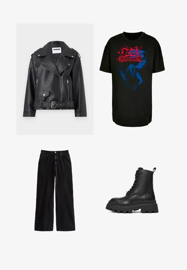 Chaqueta de moto de imitación cuero negra con cremalleras plateadas, cintura ajustable con cinturón y hombreras. Presenta un amplio cuello y un cierre delantero con cremallera asimétrica.; Camiseta de algodón negra con un gráfico de una figura sobre un fondo azul, con "OZZY OSBOURNE" en texto rojo encima del diseño.; Pantalones de denim negros de pierna ancha con una cintura alta, que cuentan con un clásico diseño de cinco bolsillos y un cierre de botón, fabricados con una resistente tela de algodón.; Botas negras de cuero con cordones, suela gruesa y texturizada de goma y diseño robusto. Cuenta con una lengüeta para facilitar su colocación.
