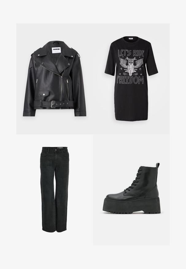 Sort faux læder bikerjakke med sølv lynlåse, bælte i taljen og epauletter. Har krave i bred model og asymmetrisk lynlåslukning foran.; Sort bomulds t-shirt kjole med korte ærmer. Har et grafisk motiv af en motorcykel med vinger og teksten "LAD OS KØRE FRIHED" i hvid.; Sorte brede jeans lavet af denim, med et klassisk fem-lomme design og en lynlås foran med en knaplukning. Glat tekstur.; Sorte ankelstøvler med en kraftig platformssål, lavet af glat læder, med snørebåndsdesign og en træktab bagpå.
