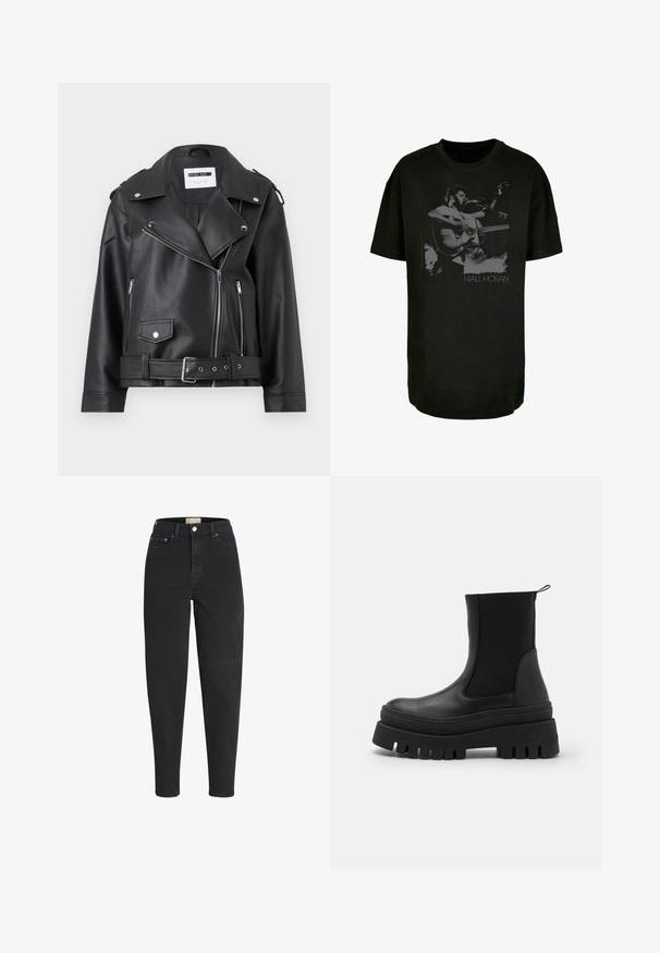 Čierna faux kožená biker bunda so striebornými zipsami, pásom a epauletmi. Má široký golier a asymetrické zapínanie na zips vpredu.; Čierne bavlnené tričko s monochromatickou grafikou hudobníka s akustickou gitarou, vrátane textu "Niall Horan" na spodnej časti.; Čierne rifle s vysokým pásom, zúženým strihom, predným zapínaním na gombík a zips, prednými aj zadnými vreckami a detailmi z kovových nitov.; Čierne členkové topánky so hladkým koženým zvrškom, elastickými bočnými panelmi a masívnou gumovou podrážkou s hlbokými drážkami pre trakciu.