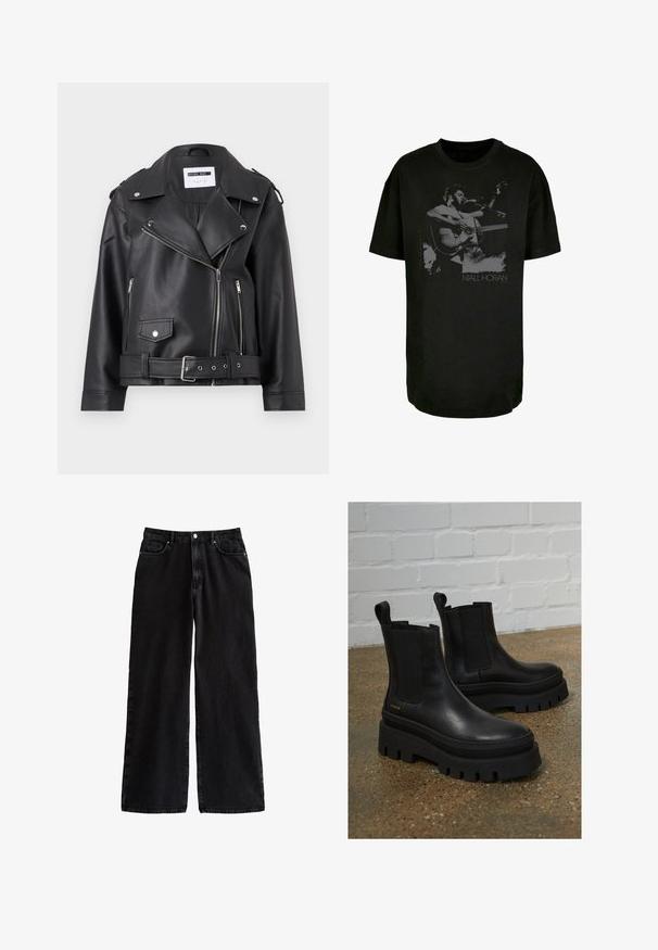 Zwarte nepleer motorjack met zilveren ritssluitingen, ceintuur in de taille en epauletten. Voorzien van een brede kraag en een asymmetrische ritssluiting aan de voorkant.; Zwart katoenen T-shirt met een monochrome afbeelding van een muzikant met een accoustische gitaar, inclusief de tekst "Niall Horan" onderaan.; Zwarte, wijde denim broek met hoge taille, voorzien van een klassiek vijf-pocket ontwerp en een knoopsluiting, gemaakt van stevige katoen.; Zwarte leren enkellaarzen met elastische zijkanten, dikke zwarte plateauzolen en stiksels, met een instaplus voor eenvoudig aan- en uittrekken.