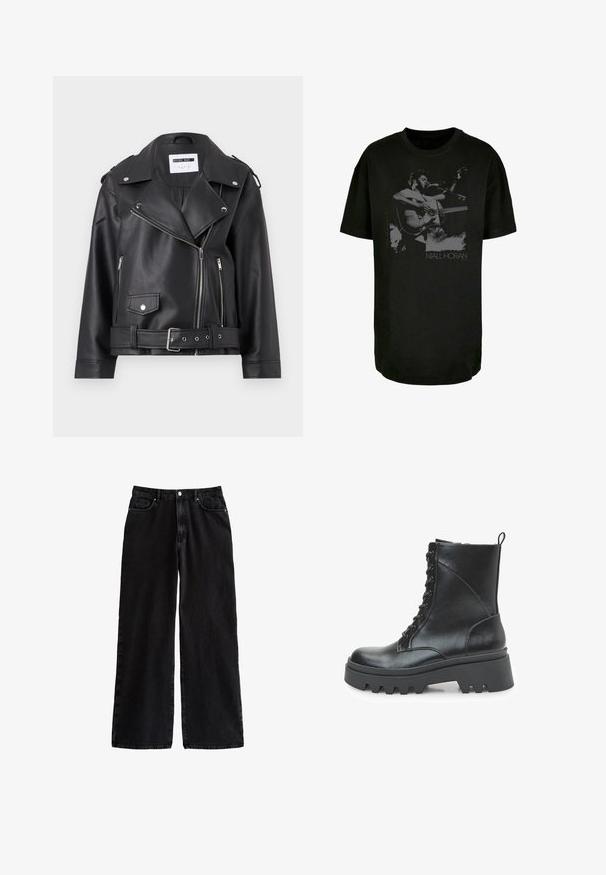 Zwarte nepleer motorjack met zilveren ritssluitingen, ceintuur in de taille en epauletten. Voorzien van een brede kraag en een asymmetrische ritssluiting aan de voorkant.; Zwart katoenen T-shirt met een monochrome afbeelding van een muzikant met een accoustische gitaar, inclusief de tekst "Niall Horan" onderaan.; Zwarte, wijde denim broek met hoge taille, voorzien van een klassiek vijf-pocket ontwerp en een knoopsluiting, gemaakt van stevige katoen.; Zwarte leren enkellaars met vetersluiting, dikke plateauzool en textuurdetails aan de zijkanten. Voorzien van een lus aan de achterkant.