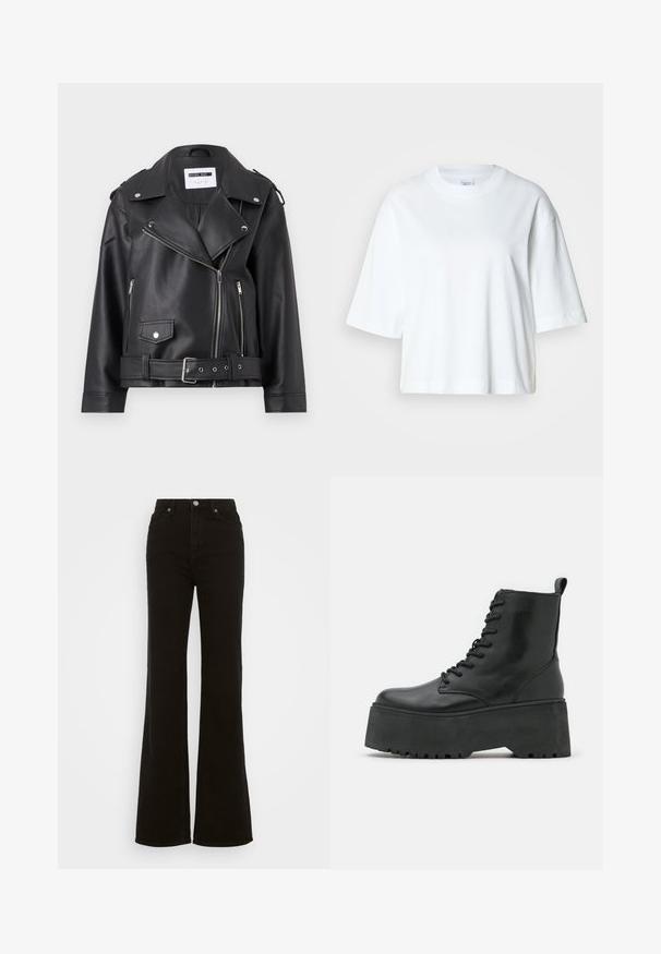 Sort faux læder bikerjakke med sølv lynlåse, bælte i taljen og epauletter. Har krave i bred model og asymmetrisk lynlåslukning foran.; Hvid cropped t-shirt med korte ærmer, rund halsudskæring, lavet af blødt bomuldsmateriale, med et enkelt og rent design.; Høj talje sorte flare jeans lavet af denim, med knaplukning, sidelommer og en glat tekstur.; Sorte ankelstøvler med en kraftig platformssål, lavet af glat læder, med snørebåndsdesign og en træktab bagpå.