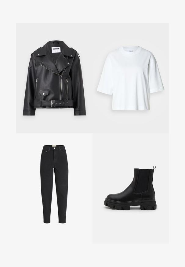 Sort faux læder bikerjakke med sølv lynlåse, bælte i taljen og epauletter. Har krave i bred model og asymmetrisk lynlåslukning foran.; Hvid cropped t-shirt med korte ærmer, rund halsudskæring, lavet af blødt bomuldsmateriale, med et enkelt og rent design.; Sorte højtaljede jeans med tapered ben, lukkes foran med knap og lynlås, for- og baglommer samt detaljer med metalnitter.; Sorte læder ankelstøvler med elastiske sidepaneler, kraftig gummisål og trækstrop. Har en glat overflade og en defineret mønster i sålen.