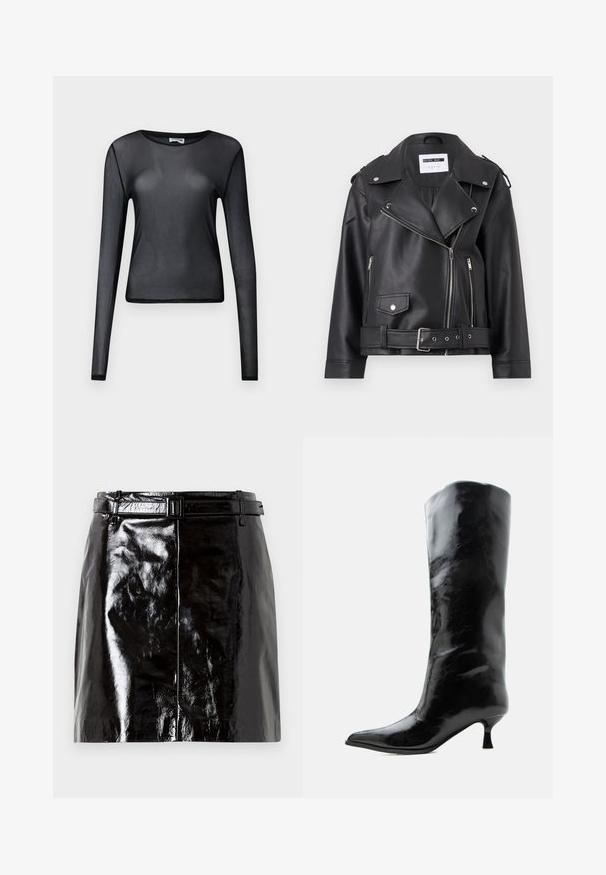 Sort faux læder bikerjakke med sølv lynlåse, bælte i taljen og epauletter. Har krave i bred model og asymmetrisk lynlåslukning foran.; Sort, langærmet, gennemsigtig mesh-top med rund hals og tætsiddende silhuet vist på ensfarvet baggrund.; Sort, blank læder mini-nederdel med en matchende bælte og centralt sømdetalje.; Sort skinnende knæhøj læderstøvle med spids tå og lav buet hæl på en ensfarvet lys baggrund.