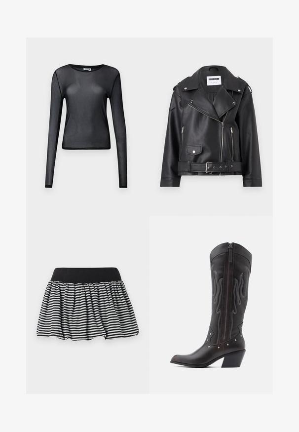 Veste de motard en simili cuir noir avec des zips en argent, taille ceinturée et épaulettes. Présente un large col et une fermeture éclair asymétrique à l'avant.; Haut noir à manches longues en maille transparente avec col rond et silhouette ajustée, présenté sur un fond uni.; Jupe à rayures noires et blanches avec un design plissé et une taille élastique, fabriquée en matériau doux. Présente une forme évasée pour plus de volume.; Bottes de cowboy en cuir marron avec surpiqûres en forme de flammes, fermeture éclair latérale, clous argentés, bout pointu et talon superposé.