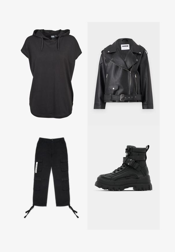Zwarte nepleer motorjack met zilveren ritssluitingen, ceintuur in de taille en epauletten. Voorzien van een brede kraag en een asymmetrische ritssluiting aan de voorkant.; Zwarte hoodie t-shirt met korte mouwen, gemaakt van zachte stof. Heeft verstelbare trekkoorden en een relaxte fit. Eenvoudig ontwerp, geen patronen.; Pegador TANAMI WIDE PANTS - Cargobroek - black; Zwarte enkellaarsjes met een gestructureerde bovenkant, dikke zool, vetersluiting aan de voorkant en een verstelbare band met logo-details. Rubberen buitenzool met uitgesproken profiel.