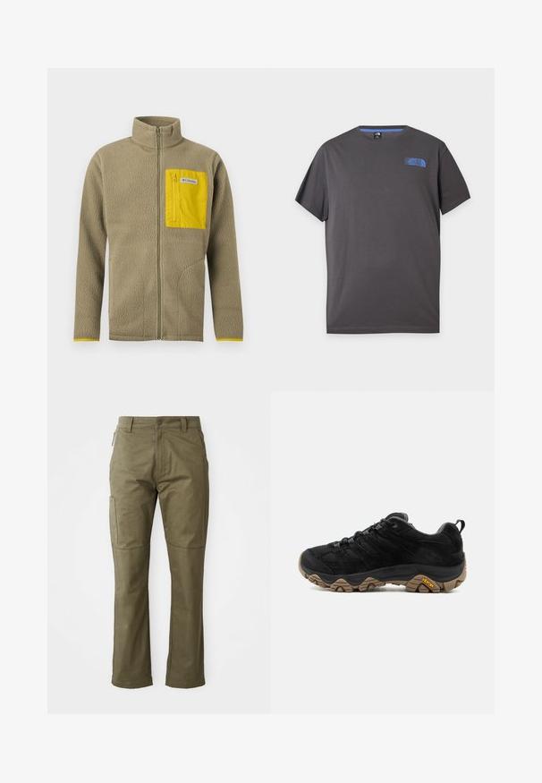 Hellbraune Fleecejacke mit Frontreißverschluss und gelber, mit Reißverschluss versehener Brusttasche, versehen mit Columbia-Markenlabel.; Dunkelgraues T-Shirt mit kurzen Ärmeln und Rundhalsausschnitt mit kleinem blauem The North Face-Logo auf der oberen linken Brust vor weißem Hintergrund.; Khaki Cargo-Hose aus strapazierfähigem Baumwollstoff, mit Seitentaschen, geradem Bein und Reißverschluss mit Knopfverschluss.; Schwarzer Wanderschuh mit robuster brauner Vibram-Sohle, Mesh- und Wildleder-Obermaterial, Schnürdesign und hinterer Zuglasche, von der Außenseite gezeigt.