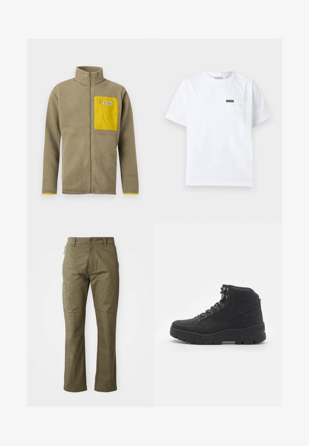 Hellbraune Fleecejacke mit Frontreißverschluss und gelber, mit Reißverschluss versehener Brusttasche, versehen mit Columbia-Markenlabel.; Weißes T-Shirt mit kurzen Ärmeln und Rundhalsausschnitt, verfügt über eine kleine Brusttasche mit einem schwarzen Columbia-Logo-Patch.; Khaki Cargo-Hose aus strapazierfähigem Baumwollstoff, mit Seitentaschen, geradem Bein und Reißverschluss mit Knopfverschluss.; Schwarze Stiefeletten bis zur Mitte des Knöchels aus Wildleder. Mit metallischen Ösen, Schnürsenkeln und einer strukturierten Gummisohle mit verstärktem Absatz.