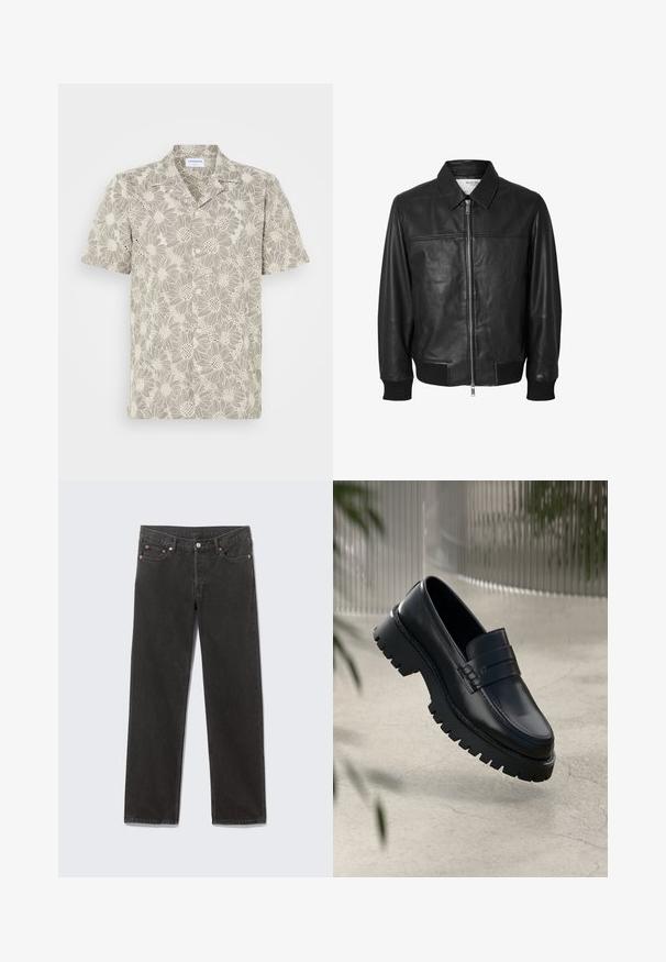 Selected SLHDEON JACKET - Lederjacke - black; Kurzarmhemd in hellem Beige mit floralem Spitzenmuster, Knöpfen vorne und klassischem Kragendesign.; Schwarze Denim-Jeans mit geradem Bein, vorderen Taschen, Gürtelschlaufen und Knopfverschluss, flach auf einem grauen Hintergrund liegend.; Schwarze Lederloafer mit einer robusten profilierten Sohle, ausgestattet mit einem dekorativen Riemen und einer Stichdetail. Glatte Textur mit einem polierten Finish.