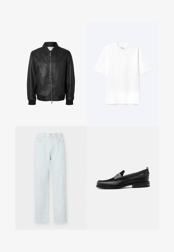 Selected SLHDEON JACKET - Lederjacke - black; Schlichtes weißes T-Shirt mit kurzen Ärmeln und Rundhalsausschnitt in entspannter Passform, auf hellem Hintergrund dargestellt.; Helleblau geradlinige Jeans aus Denim mit Knopfverschluß, dezentem Used-Look und Fünf-Taschen-Design.; Schwarzer Lederloafer mit grauem Riemendetail, niedrigem Absatz und strukturierter Sohle, seitlich mit „HUGO“ in Gold gebrandmarkt.