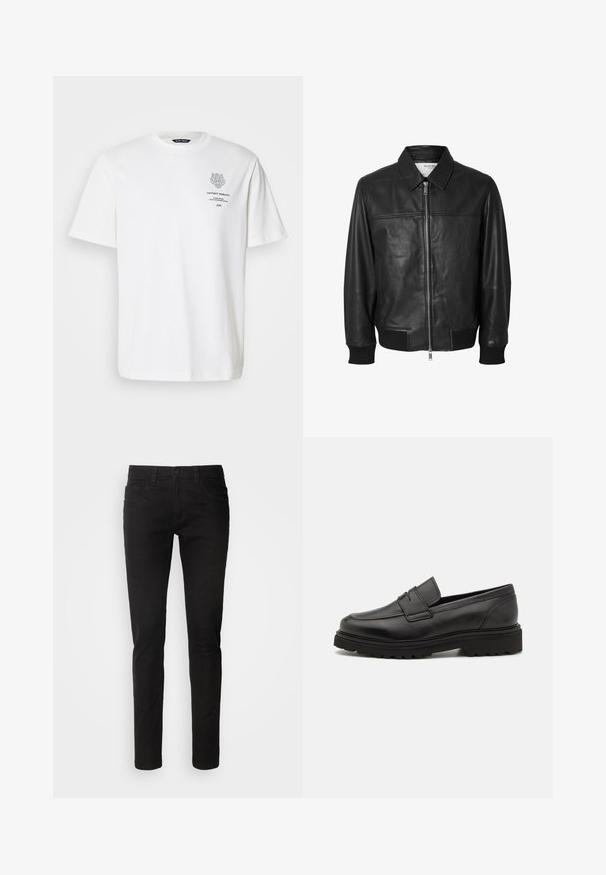Selected SLHDEON JACKET - Lederjacke - black; Weißes Baumwoll-T-Shirt mit rundem Halsausschnitt, kurzen Ärmeln und einem grauen Logo- und Textdruck auf der Vorderseite.; Schwarze Jeans aus Denim im Slim-Fit-Stil, mit einem Fünf-Taschen-Design, Reißverschluss und einer sauberen, glatten Textur. Standard-Taillenumfang mit Gürtelschlaufen.; Schwarze Lederloafer mit runder Zehenpartie, genähten Details und einer dicken, strukturierten Sohle. Verfügt über ein schlankes, minimalistisches Design.