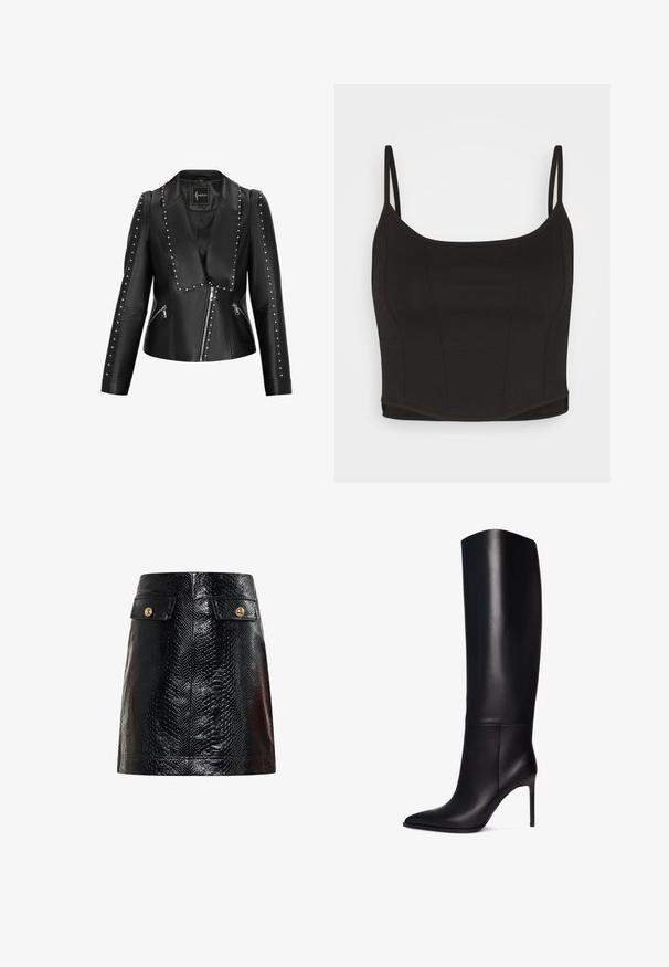 Schwarze Kunstlederjacke mit Reversdesign, silbernen Nieten entlang der Vorderseite und Ärmel sowie asymmetrischem Reißverschluss.; Even&Odd Top - black; Schwarzer Rock aus Leder mit Schlangenledermuster und hoher Taille, ausgestattet mit zwei Klappentaschen und Akzenten aus goldfarbenen Knöpfen. Weiche, glänzende Textur.; Knöchelhohe schwarze Leder-Stiletto-Stiefel mit spitzem Zeh. Glatte Textur, strukturiertes Design und schmaler hoher Absatz. Keine sichtbaren Beschläge oder Muster.