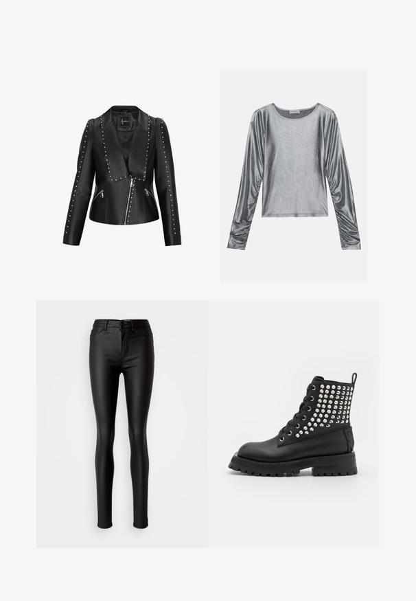 Sort faux læderjakke med revers-design, sølv nitter langs fronten og ærmerne samt asymmetrisk lynlåslukning.; Sølvfarvet langærmet top med en glat, skinnende tekstur. Udformet med en rund halsudskæring og rynkede detaljer ved ærmeenderne.; Sorte faux læder skinny jeans med en glat overflade, høj talje, knaplukning og traditionelt fem-lomme design.; Sorte ankelstøvler med en glat læderfinish, der har sølvnitter på siden, metaløjer og en kraftig rille sål.