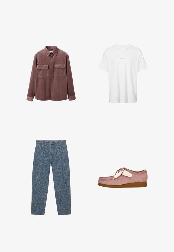 Corduroy overhemd in mauve, met een knoopsluiting aan de voorkant, twee borstzakken en lange mouwen met knoopmanchetten. Zachte, gestructureerde stof.; Wit katoenen T-shirt met korte mouwen en kleine rode cursieve tekst in het midden van de borst.; Blauwe spijkerbroek met reliëf paisley-patroon, klassieke vijfzakkenstijl, knoopsluiting en recht broekspijpmodel.; Lichtroze suède schoen met een ronde neus, vetersluiting en een crèmekleurig accentlabel. Voorzien van een tan rubberen zool voor extra grip.
