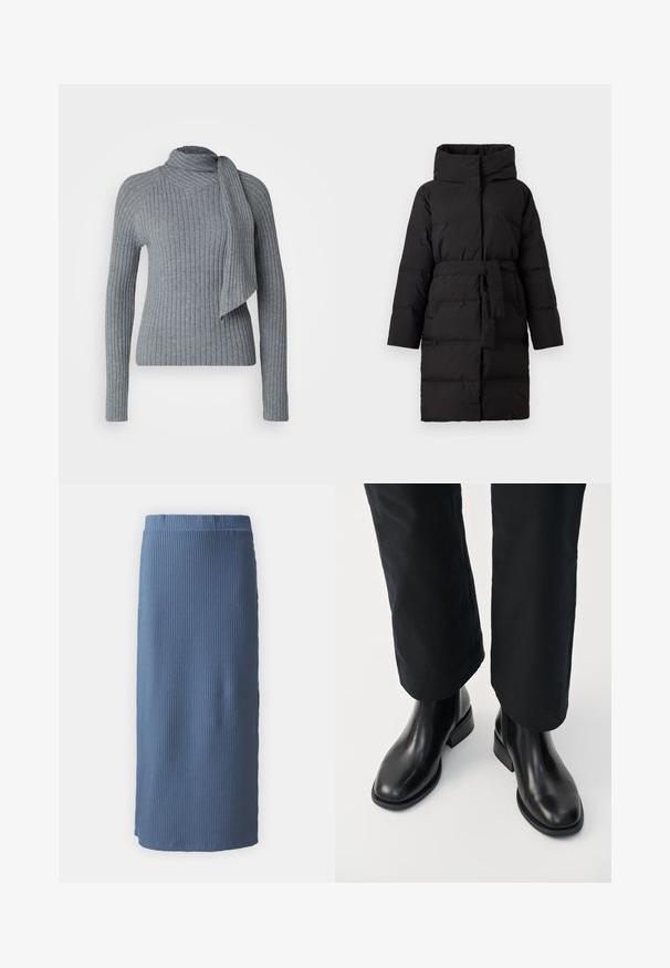 Manteau d'hiver long et noir, rembourré, avec un col montant, des manches longues et une ceinture nouée à la taille, présenté sur un fond blanc uni.; Pull en tricot côtelé gris avec un col montant et un détail de foulard drapé. Manches longues et silhouette ajustée avec un tissu texturé.; Jupe midi bleu côtelée avec une coupe droite, dotée d'une surface texturée et d'une taille élastique, sans pièces métalliques visibles ni accents.; Bottines Chelsea en cuir noir avec une texture lisse, un bout rond et un petit talon carré, associées à un pantalon noir.