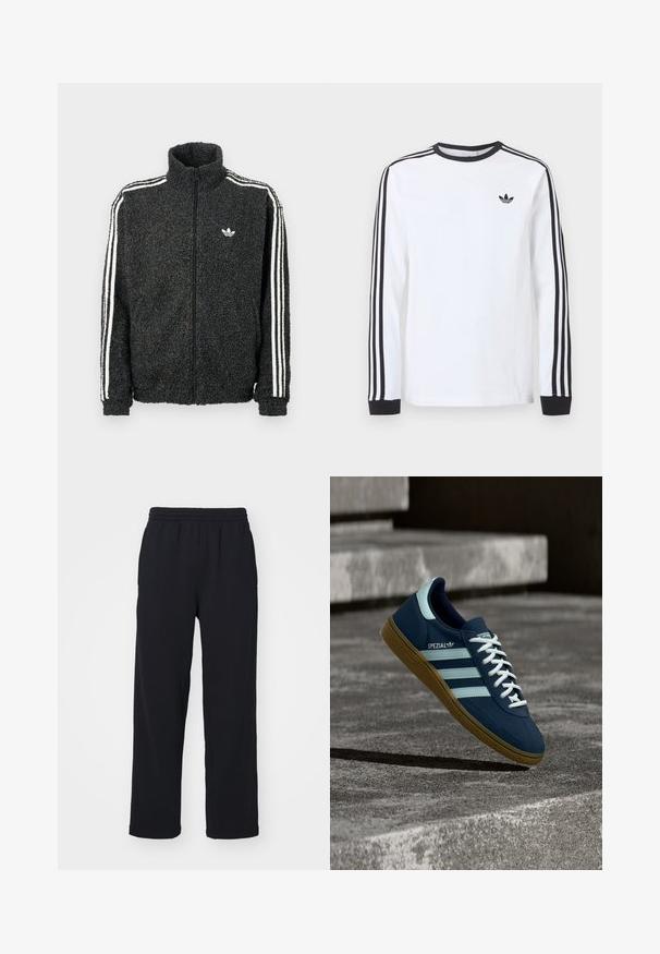 Schwarze Fleecejacke mit Reißverschluss vorne, hohem Kragen und weißen drei Streifen an den Ärmeln. Verfügt über ein kleines Logo auf der Brust.; Weißes Adidas-Langarmshirt mit schwarzem Rundhalsausschnitt, schwarzen Bündchen, drei schwarzen Streifen an den Ärmeln und schwarzem Trefoil-Logo auf der Brust.; Schwarze Jogginghose mit elastischem Bund, geraden Beinen und gestickten Details. Hergestellt aus weichem, strukturiertem Stoff.; Blauer Adidas Spezial Sneaker mit weißen Streifen und Schnürsenkeln, Gummisohle, schwebend über rauer Betonoberfläche und Treppen im Hintergrund.