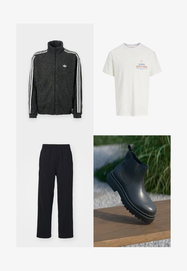 Schwarze Fleecejacke mit Reißverschluss vorne, hohem Kragen und weißen drei Streifen an den Ärmeln. Verfügt über ein kleines Logo auf der Brust.; Weißes T-Shirt mit kurzen Ärmeln, kleinem Sonnengrafik und Text "Jack & Jones," "Big Wave Lines," und "Sun, Surf & Good Times" auf der Brust.; Schwarze Jogginghose mit elastischem Bund, geraden Beinen und gestickten Details. Hergestellt aus weichem, strukturiertem Stoff.; Schwarzer Gummi-Stiefelette mit strukturiertem Finish, dicker, rutschfester Sohle, elastischen Seiteneinsätzen und einer Schlaufe hinten, die auf einer Holzoberfläche ruht.