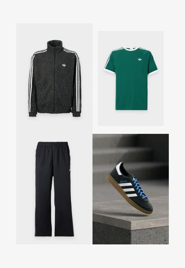 Musta fleece-takki, jossa on vetoketjullinen etuosa, korkea kaulus ja valkoiset kolmiraitaiset yksityiskohdat hihoissa. Takissa on pieni logo rinnassa.; Vihreä puuvillapaita, jossa on valkoisia yksityiskohtia. Paidassa on lyhyet hihat, pyöreä kaula-aukko ja kolme valkoista raitaa kummallakin olkapäällä. Pienen kokoinen logo rinnassa.; Mustat urheiluleggingsit, jotka on valmistettu joustavasta kankaasta. Niissä on joustava vyötärö ja sivuartikkeleita. Suora lahkeiden muotoilu, jossa on hillitty logotyyli.; Musta Adidas-tennari valkoisilla raidoilla, sinisillä nauhoilla ja kumipohjalla kelluu pehmeässä valossa harmaan betonisen portaan yllä.