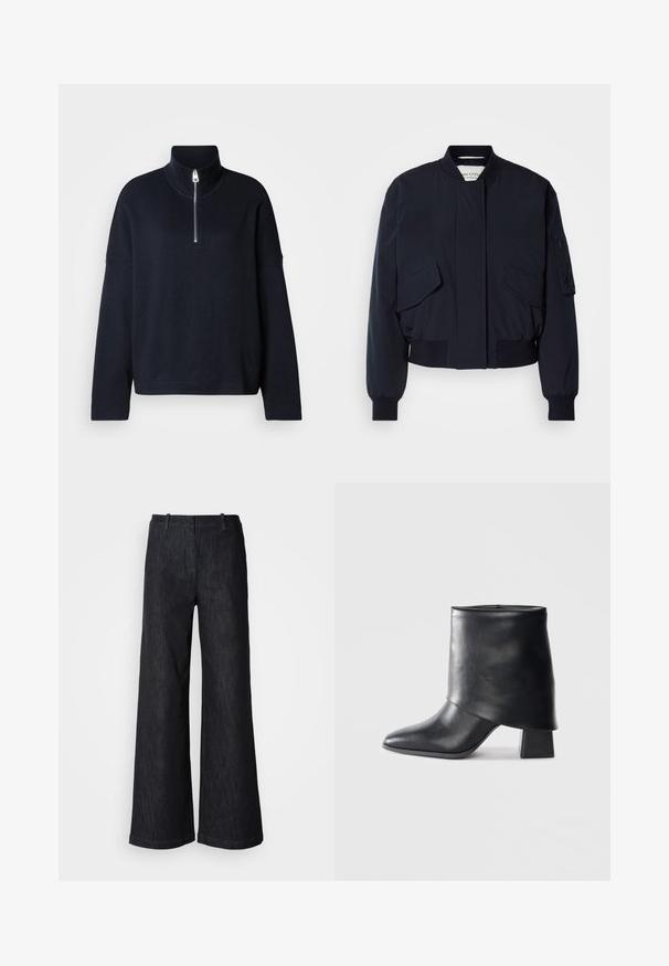 Blouson aviateur bleu marine en tissu lisse, doté d'un col montant, de deux poches avant, et de poignets et ourlet côtelés pour un ajustement parfait.; Pull en maille bleu marine à col montant haut, fermeture éclair quart, manches larges et tissu doux et texturé. Design minimaliste sans motifs.; Pantalon en denim noir à jambes larges avec une finition texturée, doté de passants pour ceinture et d'un ourlet net. Design classique, adapté à diverses occasions.; Bottine en cuir noir à bout pointu, texture lisse et talon bloc structuré. Elle se distingue par un design de revers haut et plié.
