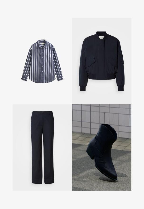 Blouson aviateur bleu marine en tissu lisse, doté d'un col montant, de deux poches avant, et de poignets et ourlet côtelés pour un ajustement parfait.; Chemise à manches longues boutonnée avec rayures verticales bleu marine et blanc, poche poitrine et col classique, étendue à plat sur un fond blanc.; Pantalon en coton bleu marine à coupe droite, doté d'une fermeture à bouton sur le devant, sans motifs ni ornements visibles.; Bottine en cuir noir avec un petit talon, couture décorative et bout pointu, positionnée debout sur une surface pavée à côté d’un mur carrelé.