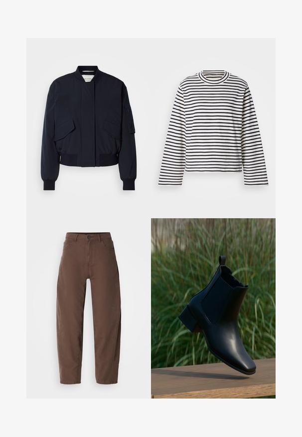 Blouson aviateur bleu marine en tissu lisse, doté d'un col montant, de deux poches avant, et de poignets et ourlet côtelés pour un ajustement parfait.; Haut court à manches longues en coton blanc avec des rayures horizontales noires. Il possède un col rond et une texture douce.; Pantalons marron à jambes droites avec bouton avant et fermeture éclair, passants de ceinture et poches latérales, présentés sur un fond blanc.; Bottine en cuir noir à talon bloc équilibrée sur une surface en bois, fond d'herbe haute verte.
