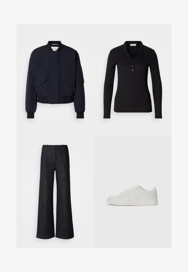 Chaqueta bomber de color azul marino confeccionada con tela suave, que cuenta con un cuello alto, dos bolsillos delanteros y puños y dobladillo acanalados para un ajuste perfecto.; Camisa polo negra de manga larga, confeccionada en tejido acanalado, con cuello tipo solapa, cierre de tres botones y un diseño ajustado.; Pantalones de mezclilla negros de pierna ancha con un acabado texturizado, que cuentan con presillas para cinturón y un dobladillo limpio. Diseño clásico, adecuado para diversas ocasiones.; Zapatillas blancas con upper de cuero liso, punta redonda, suela plana y detalles sutiles en los paneles laterales. Diseño con cordones y un interior suave.
