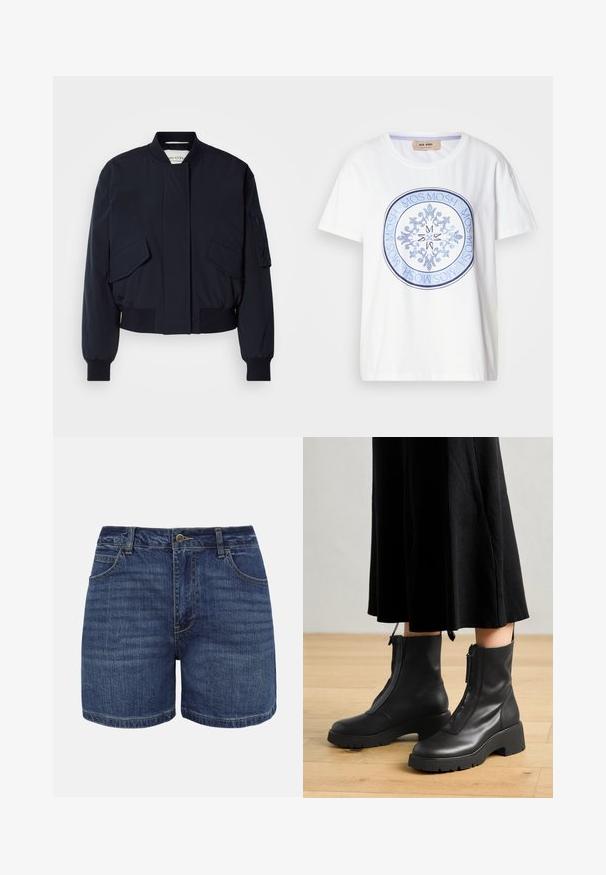 Blouson aviateur bleu marine en tissu lisse, doté d'un col montant, de deux poches avant, et de poignets et ourlet côtelés pour un ajustement parfait.; T-shirt en coton blanc à manches courtes et col rond. Présente un motif graphique circulaire bleu avec des motifs complexes et le texte "MOS MOSH".; Shorts en denim bleu foncé avec bouton frontal, fermeture éclair, passants pour ceinture et poches avant, présentés sur un fond blanc.; Bottines en cuir noir avec une semelle plateforme épaisse et une fermeture éclair à l'avant. Texture lisse avec un design minimaliste.