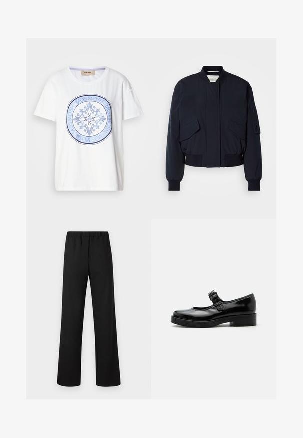 Blouson aviateur bleu marine en tissu lisse, doté d'un col montant, de deux poches avant, et de poignets et ourlet côtelés pour un ajustement parfait.; T-shirt en coton blanc à manches courtes et col rond. Présente un motif graphique circulaire bleu avec des motifs complexes et le texte "MOS MOSH".; Pantalon droit à taille élastique noire, confectionné en tissu lisse, devant plat, sans poches apparentes ni décorations.; Chaussure Mary Jane en cuir verni noir avec bout rond, petit talon bloc et bride réglable avec boucle sur le coup de pied.