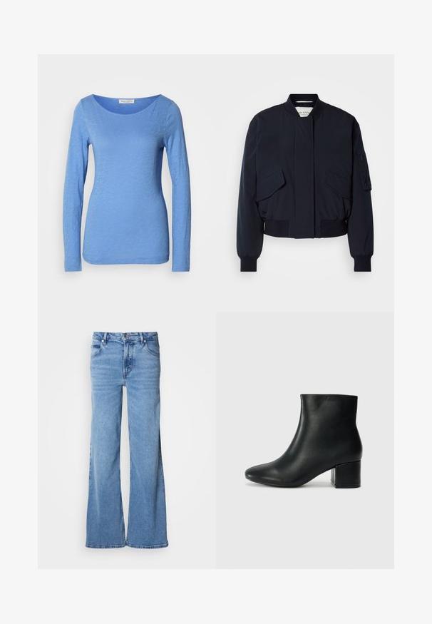 Blouson aviateur bleu marine en tissu lisse, doté d'un col montant, de deux poches avant, et de poignets et ourlet côtelés pour un ajustement parfait.; Haut à manches longues, col ras du cou en bleu clair, confectionné en tissu doux et texturé. Présente un subtil motif chiné avec une silhouette ajustée.; Jean large de couleur bleu clair en denim. Doté d'un design classique à cinq poches et d'une braguette à boutons apparents. Texture douce et finition unie.; Bottines en cuir noir avec un bout pointu et un talon épais. Texture lisse avec des accents minimalistes et un design élégant et ajusté.