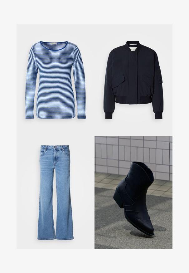 Chaqueta bomber de color azul marino confeccionada con tela suave, que cuenta con un cuello alto, dos bolsillos delanteros y puños y dobladillo acanalados para un ajuste perfecto.; Camisa de manga larga con escote redondeado, que presenta rayas horizontales alternadas en azul y blanco. Fabricada con un tejido suave y ligero.; Vaqueros de pierna ancha azul claro hechos de mezclilla. Presentan un diseño clásico de cinco bolsillos y una bragueta con botones visibles. Textura suave y acabado sin adornos.; Botín de cuero negro con tacón bajo, costuras decorativas y punta afilada, colocado de pie sobre una superficie pavimentada junto a una pared con azulejos.