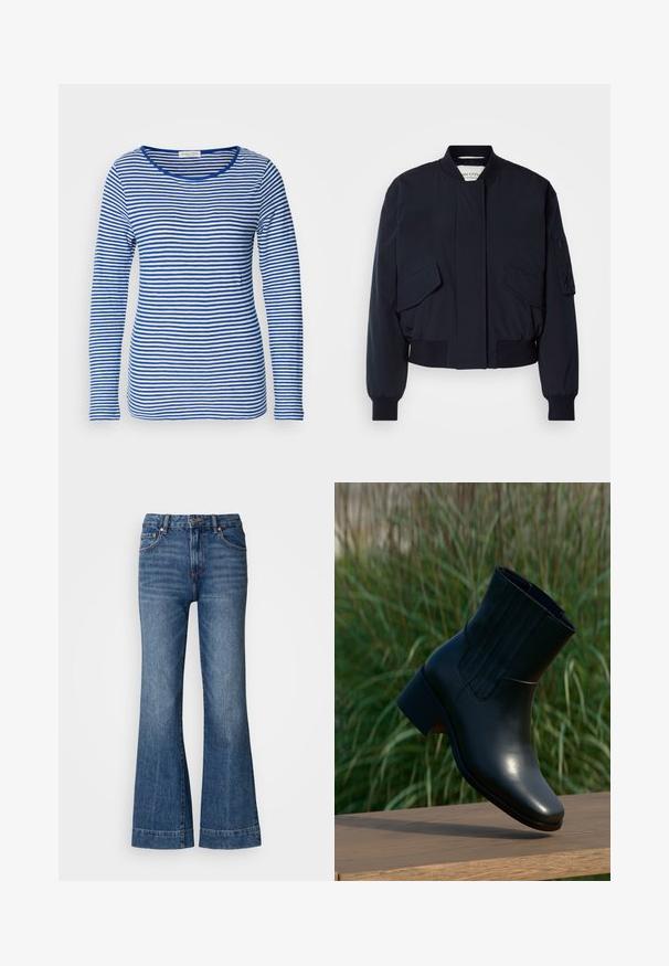 Chaqueta bomber de color azul marino confeccionada con tela suave, que cuenta con un cuello alto, dos bolsillos delanteros y puños y dobladillo acanalados para un ajuste perfecto.; Camisa de manga larga con escote redondeado, que presenta rayas horizontales alternadas en azul y blanco. Fabricada con un tejido suave y ligero.; Jeans de mezclilla acampanados en azul oscuro. Presenta cinco bolsillos, pasadores para cinturón y costuras naranjas. Textura suave con un diseño de corte clásico.; Bota negra de cuero al tobillo con punta redonda y tacón modesto. Presenta costuras verticales en el lateral, textura lisa y una silueta elegante.