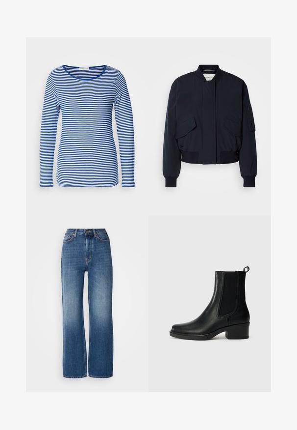 Chaqueta bomber de color azul marino confeccionada con tela suave, que cuenta con un cuello alto, dos bolsillos delanteros y puños y dobladillo acanalados para un ajuste perfecto.; Camisa de manga larga con escote redondeado, que presenta rayas horizontales alternadas en azul y blanco. Fabricada con un tejido suave y ligero.; Jeans de mezclilla azul de tiro alto, de pierna ancha, con un lavado degradado, costuras de cobre, cierre de botón en la parte delantera y cinco bolsillos.; Botín de cuero negro hasta el tobillo con paneles laterales elásticos, punta redondeada y un tacón de bloque. Textura suave y detalles de costura.
