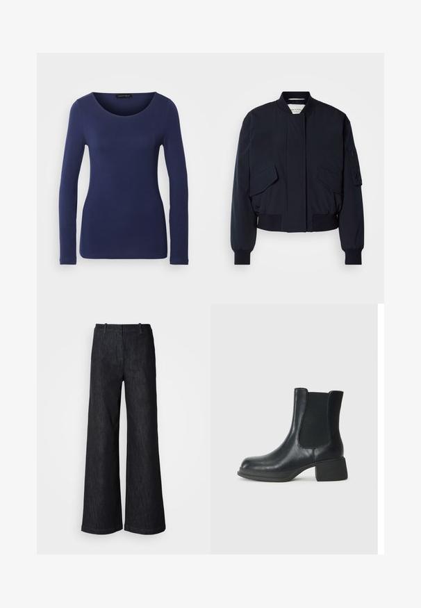 Blouson aviateur bleu marine en tissu lisse, doté d'un col montant, de deux poches avant, et de poignets et ourlet côtelés pour un ajustement parfait.; T-shirt à manches longues marine en matériau doux avec un col rond et un design ajusté. Aucuns motifs ni accents visibles.; Pantalon en denim noir à jambes larges avec une finition texturée, doté de passants pour ceinture et d'un ourlet net. Design classique, adapté à diverses occasions.; Bottine en cuir noir avec panneaux latéraux élastiques, bout rond et petit talon en bloc. La surface a une texture lisse et un minimalisme dans les détails.