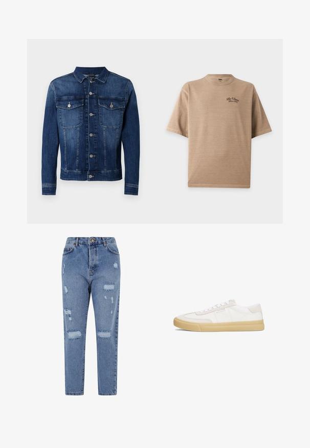 Chaqueta vaquera azul de hombre con cierre de botones en la parte delantera, dos bolsillos con solapa y botones en el pecho, y mangas largas.; Camiseta beige de manga corta con cuello redondo y pequeño texto en letra negra en el pecho izquierdo que dice "Levi Strauss Denim Club."; Vaqueros de mezclilla de color azul claro con una cintura alta, pierna recta y un diseño desgastado que presenta desgarros y bordes deshilachados en toda la prenda.; Zapatillas blancas de cuero y ante, con un diseño de cordones, suela de goma en tono marrón y un pequeño logo en el lateral.