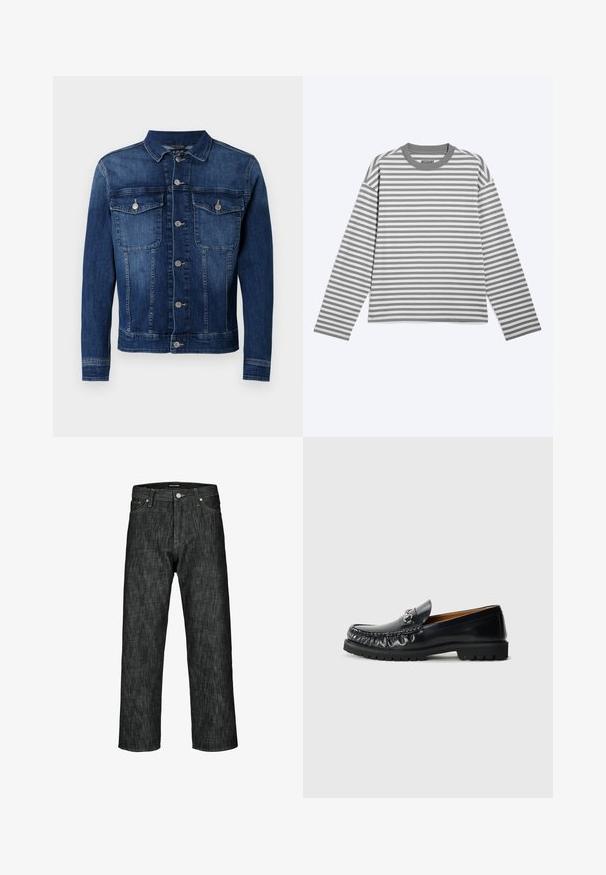 Herren Jeansjacke in Blau mit Knopfverschluss vorne, zwei Brustklappen mit Knöpfen und langen Ärmeln.; Langärmliges grau-weiß horizontal gestreiftes Shirt mit Rundhalsausschnitt und legerer Passform, flach auf hellem Hintergrund liegend.; Dunkle Jeans aus Denim mit einem geraden Bein, kontrastierenden Nähten, einer vorderen Tasche und einem Knopfverschluss am Bund.; Schwarze Lederloafers mit abgerundetem Zeh, dekorativen Nähten und einem metallischen Akzent an der Vorderseite; Gummisohle mit rutschfestem Muster.